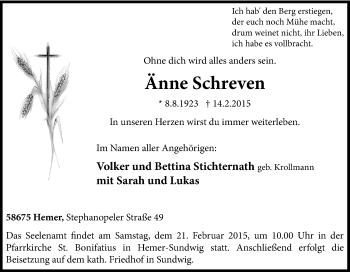 Traueranzeige von Änne Schreven von Tageszeitung