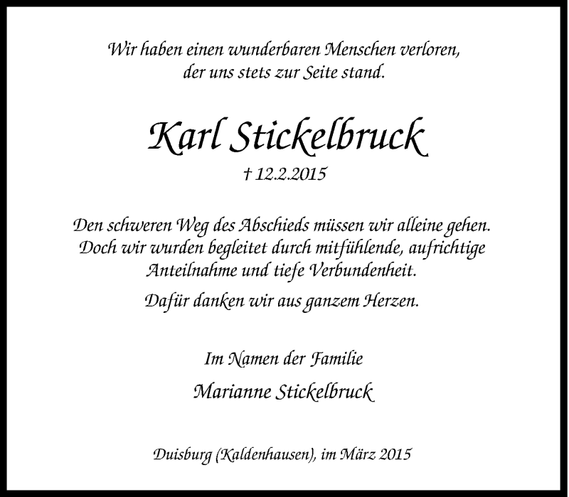  Traueranzeige für Kart Stickelbruck vom 19.02.2015 aus Tageszeitung