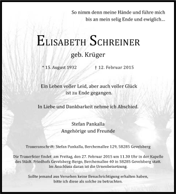 Traueranzeige von Elisabeth Schreiner von Tageszeitung