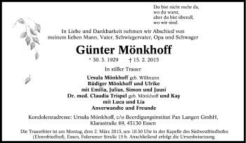 Traueranzeige von Günter Mönkhoff von Tageszeitung