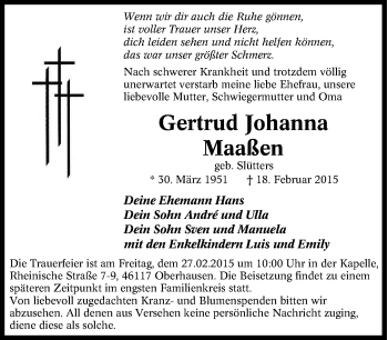 Traueranzeige von Gertrud Johanna Maaßen von Tageszeitung