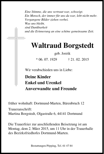 Traueranzeige von Waltraud  Borgstedt von Tageszeitung