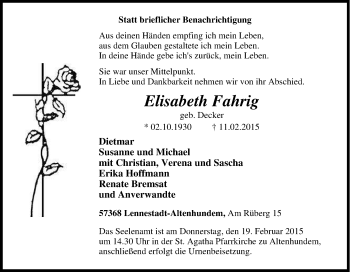 Traueranzeige von Elisabeth Fahrig von Tageszeitung