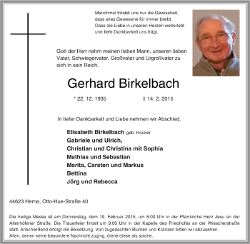 Traueranzeige von Gerhard Birkelbach von Tageszeitung