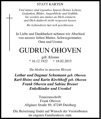 Traueranzeige von Gudrun Ohoven von Tageszeitung