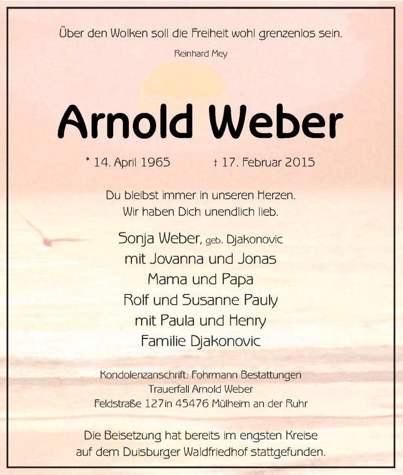  Traueranzeige für Arnold Weber vom 28.02.2015 aus Tageszeitung