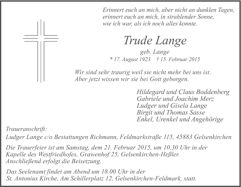  Traueranzeige für Trude Lange vom 18.02.2015 aus Tageszeitung