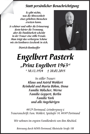 Traueranzeige von Engelbert Pasterk von Tageszeitung