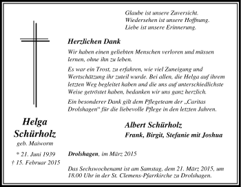 Traueranzeige von Helga Schürholz von Tageszeitung