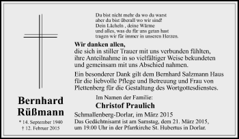Traueranzeige von Bernhard Rüßmann von Tageszeitung
