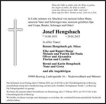 Traueranzeige von Josef Hengsbach von Tageszeitung