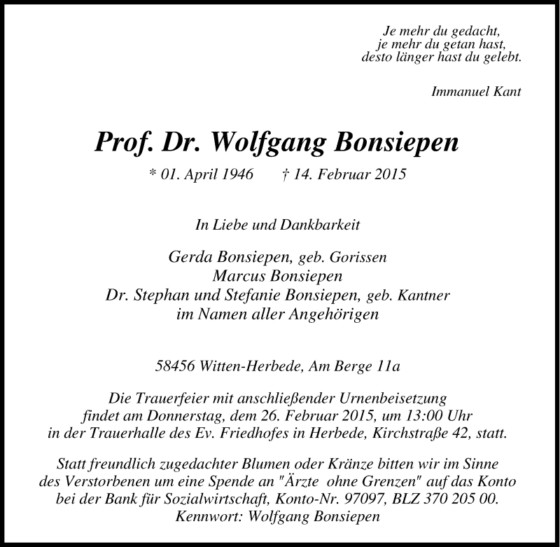  Traueranzeige für Wolfgang Bonsiepen vom 23.02.2015 aus Tageszeitung