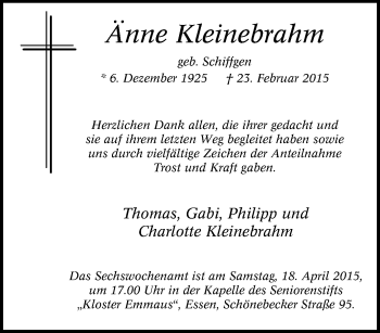 Traueranzeige von Änne Kleinebrahm von Tageszeitung