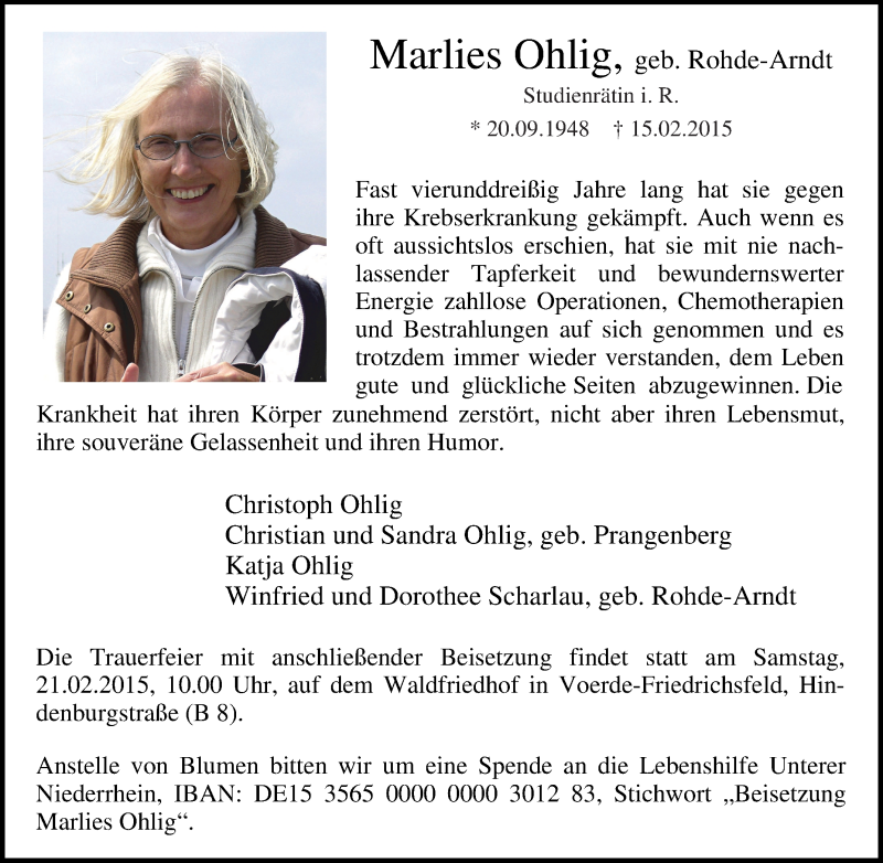  Traueranzeige für Marlies Ohlig vom 18.02.2015 aus Tageszeitung