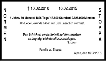 Traueranzeige von Normen Stoppa von Tageszeitung