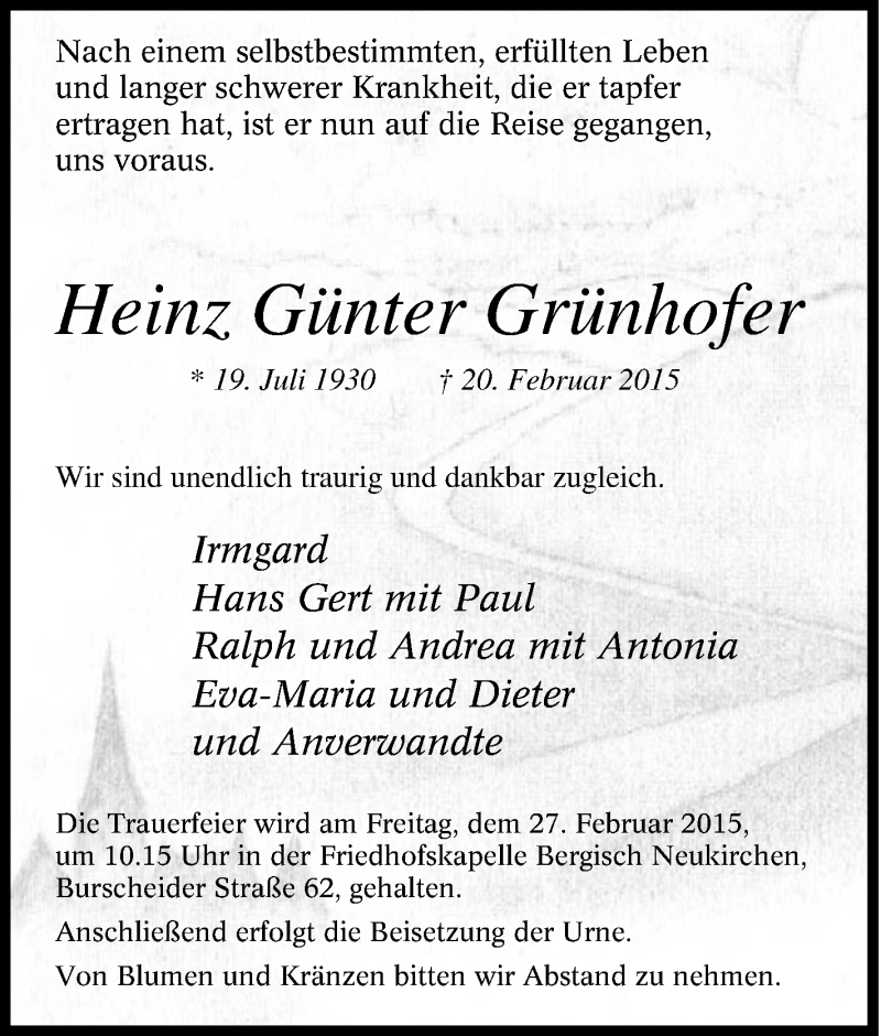  Traueranzeige für Heinz Günter Grünhofer vom 25.02.2015 aus Tageszeitung