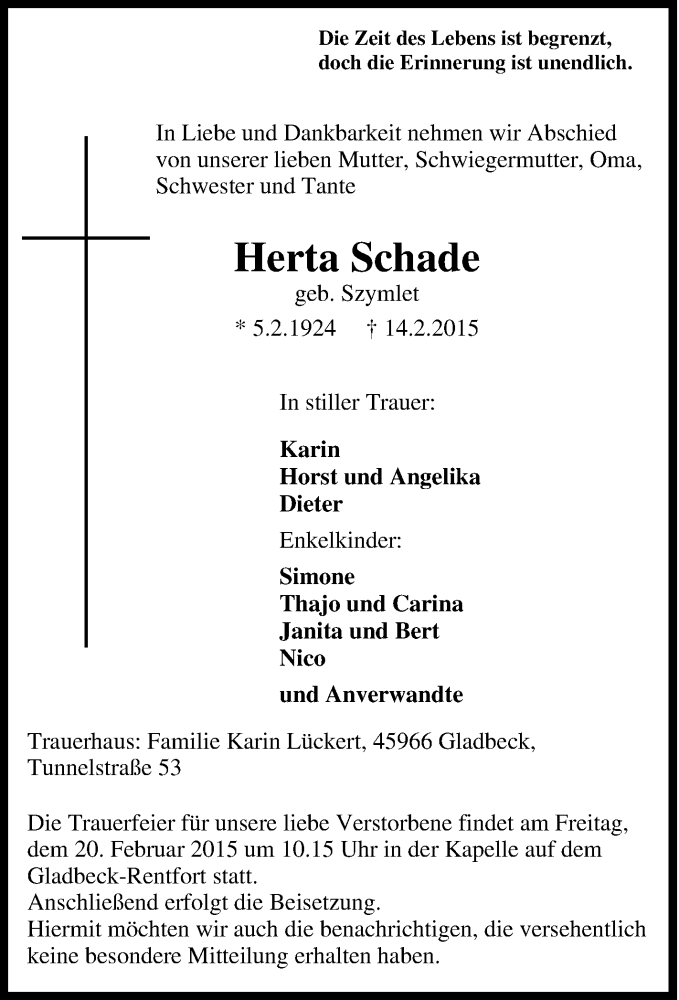  Traueranzeige für Herta Schade vom 17.02.2015 aus Tageszeitung