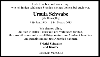 Traueranzeige von Ursula Schwabe von Tageszeitung