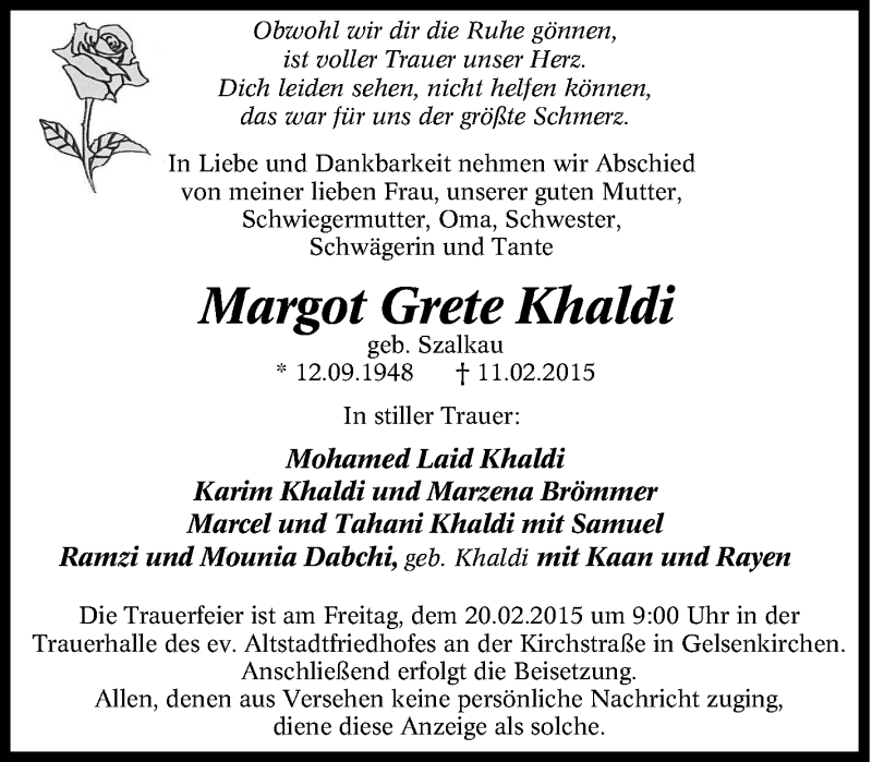  Traueranzeige für Margot Grete Khaldi vom 18.02.2015 aus Tageszeitung