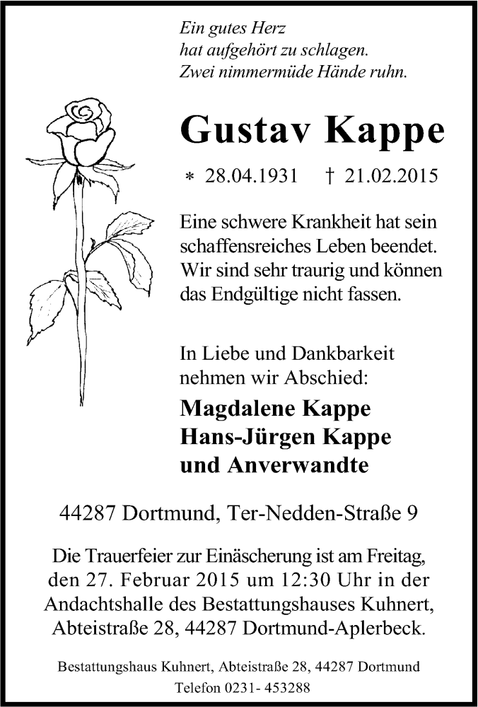  Traueranzeige für Gustav Kappe vom 26.02.2015 aus Tageszeitung