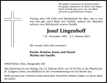 Traueranzeige von Josef Lingenhoff von Tageszeitung
