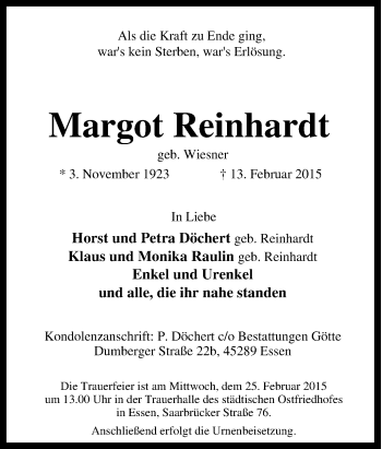 Traueranzeige von Margot Reinhardt von Tageszeitung
