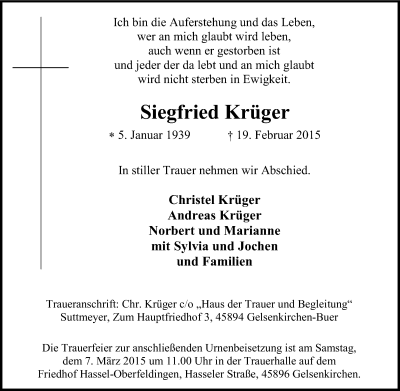  Traueranzeige für Siegfried Krüger vom 28.02.2015 aus Tageszeitung