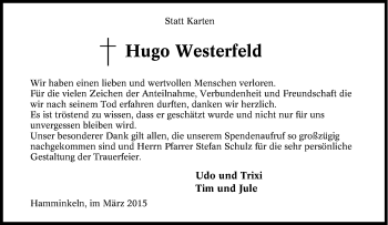 Traueranzeige von Hugo Westerfeld von Tageszeitung