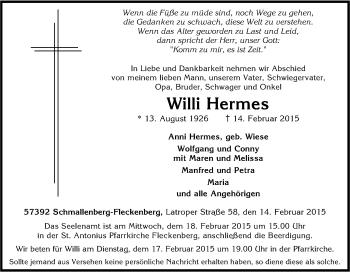 Traueranzeige von Willi Hermes von Tageszeitung