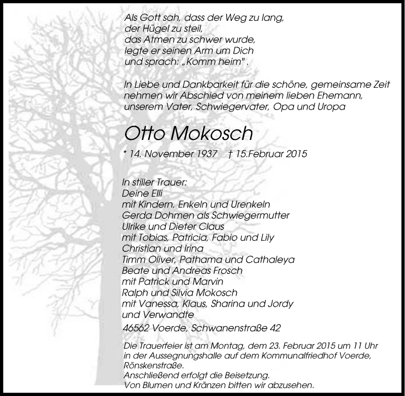  Traueranzeige für Otto Mokosch vom 17.02.2015 aus Tageszeitung