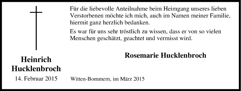  Traueranzeige für Heinrich Hucklenbroch vom 17.02.2015 aus Tageszeitung