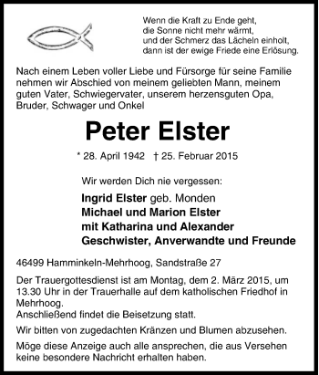 Traueranzeige von Peter Elster von Tageszeitung