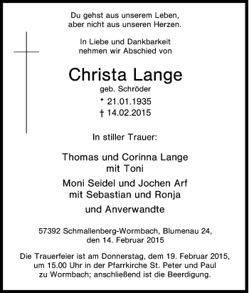 Traueranzeige von Christa Lange von Tageszeitung