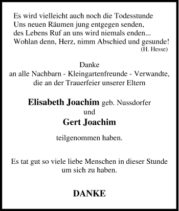Traueranzeige von Elisabeth Joachim von Tageszeitung