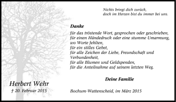 Traueranzeige von Herbert Wehr von Tageszeitung
