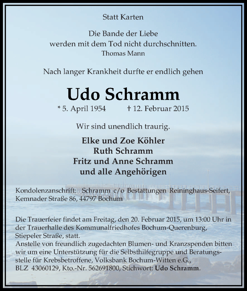  Traueranzeige für Udo Schramm vom 18.02.2015 aus Tageszeitung