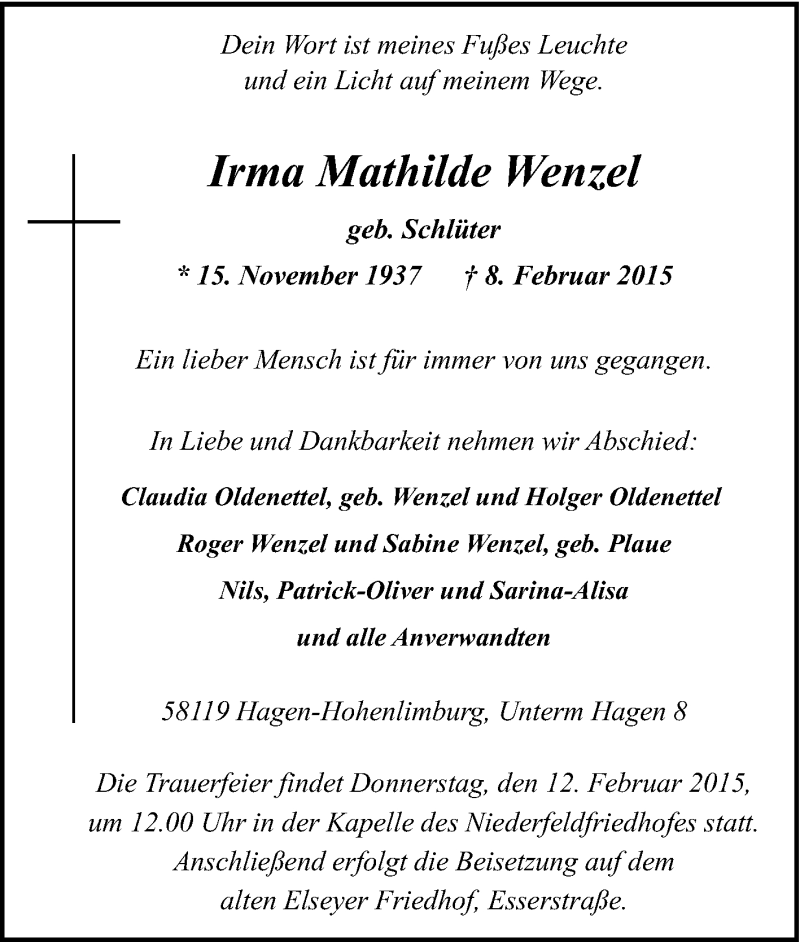 Traueranzeige für Irma Mathilde Wenzel vom 10.02.2015 aus Tageszeitung