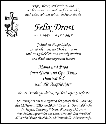 Traueranzeige von Felix Drost von Tageszeitung