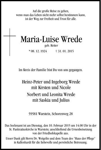 Traueranzeige von Maria-Luise Wrede von Tageszeitung