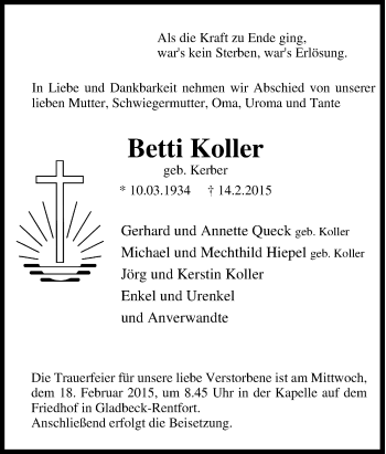 Traueranzeige von Betti Koller von Tageszeitung