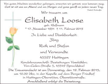 Traueranzeige von Elisabeth Loose von Tageszeitung