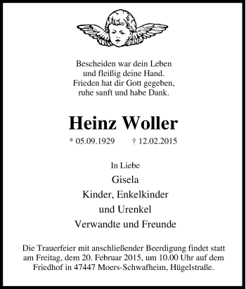 Traueranzeige von Heinz Woller von Tageszeitung