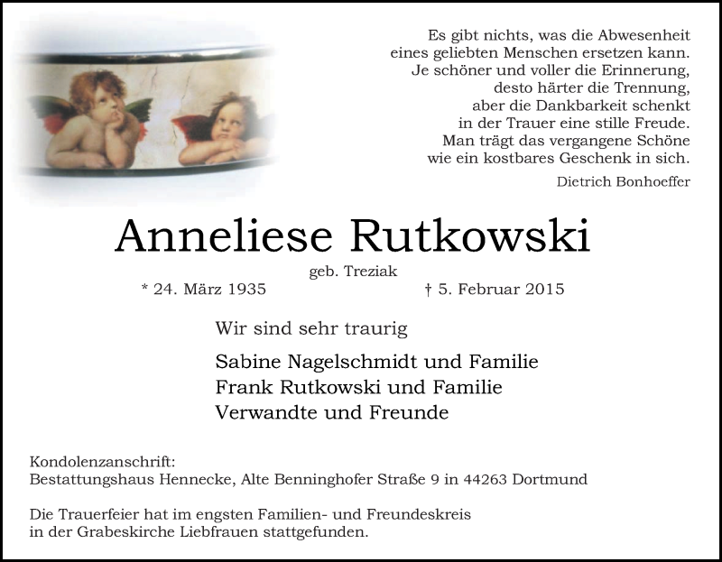  Traueranzeige für Anneliese Rutkowski vom 14.02.2015 aus Tageszeitung