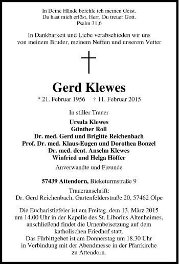 Traueranzeige von Gerd Klewes von Tageszeitung