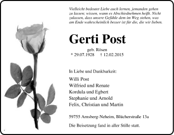 Traueranzeige von Gerti Post von Tageszeitung