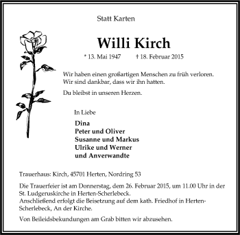 Traueranzeige von Willi Kirch von Tageszeitung
