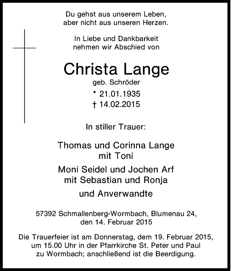  Traueranzeige für Christa Lange vom 16.02.2015 aus Tageszeitung