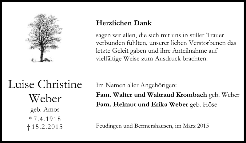  Traueranzeige für Luise Christine Weber vom 17.02.2015 aus Tageszeitung