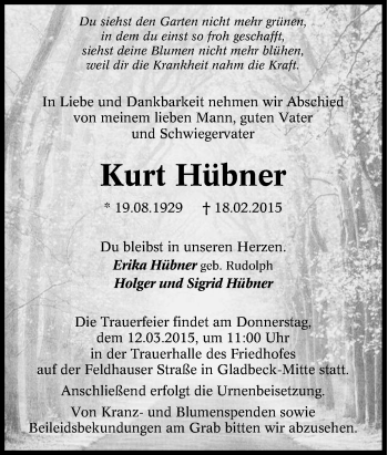 Traueranzeige von Kurt Hübner von Tageszeitung