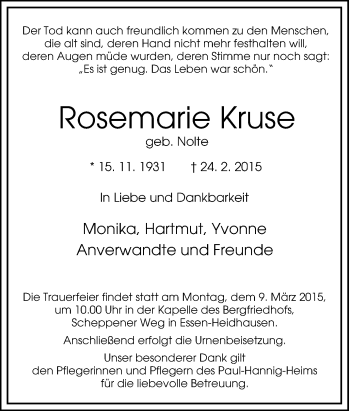 Traueranzeige von Rosemarie Kruse von Tageszeitung